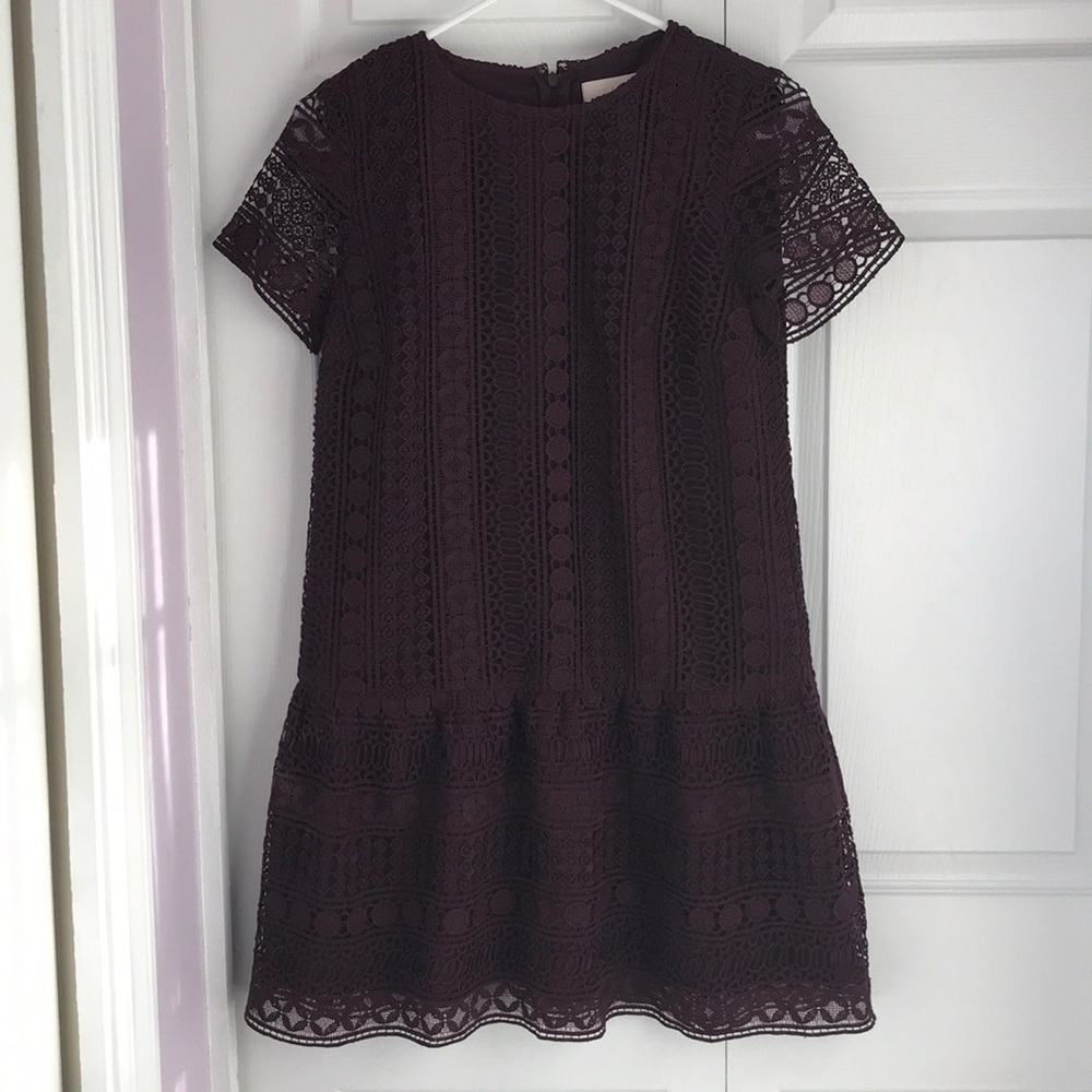 LOFT Burgundy Lace Short Sleeved Shift Dress